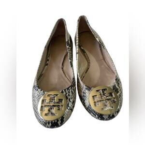Tory Burch Reva Ballerina Flats Python Print Ballet Shoe Gold Logo Sz 9.5
